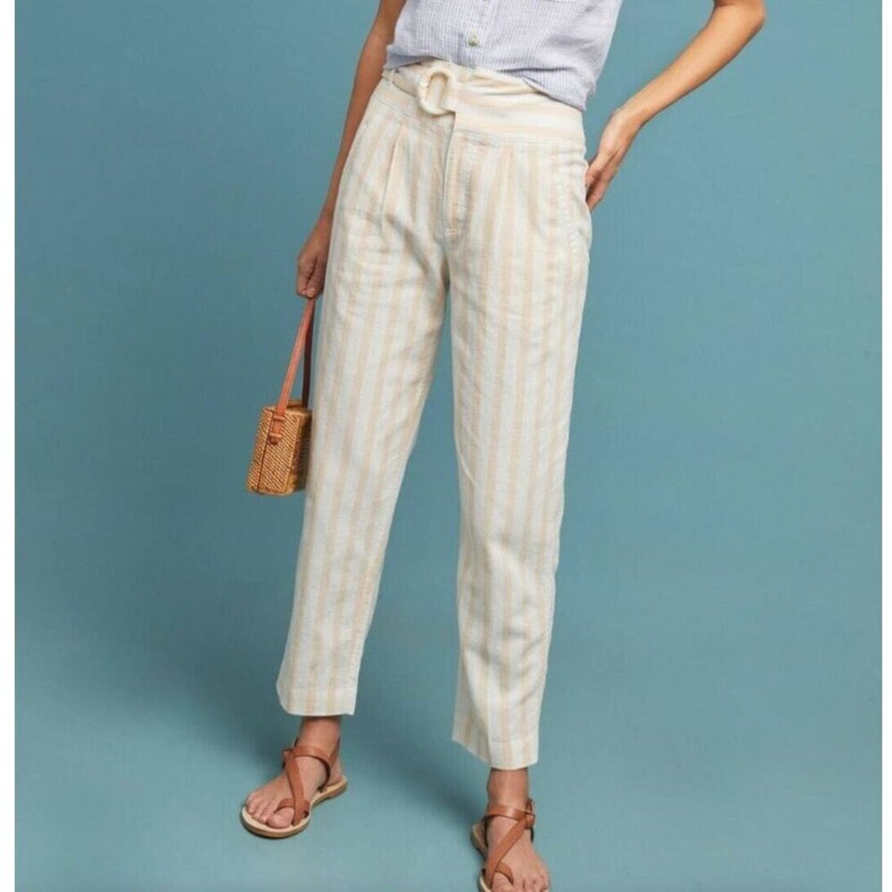 Anthropologie Oasis‎ Striped Linen Blend Cropped Pants Size 6